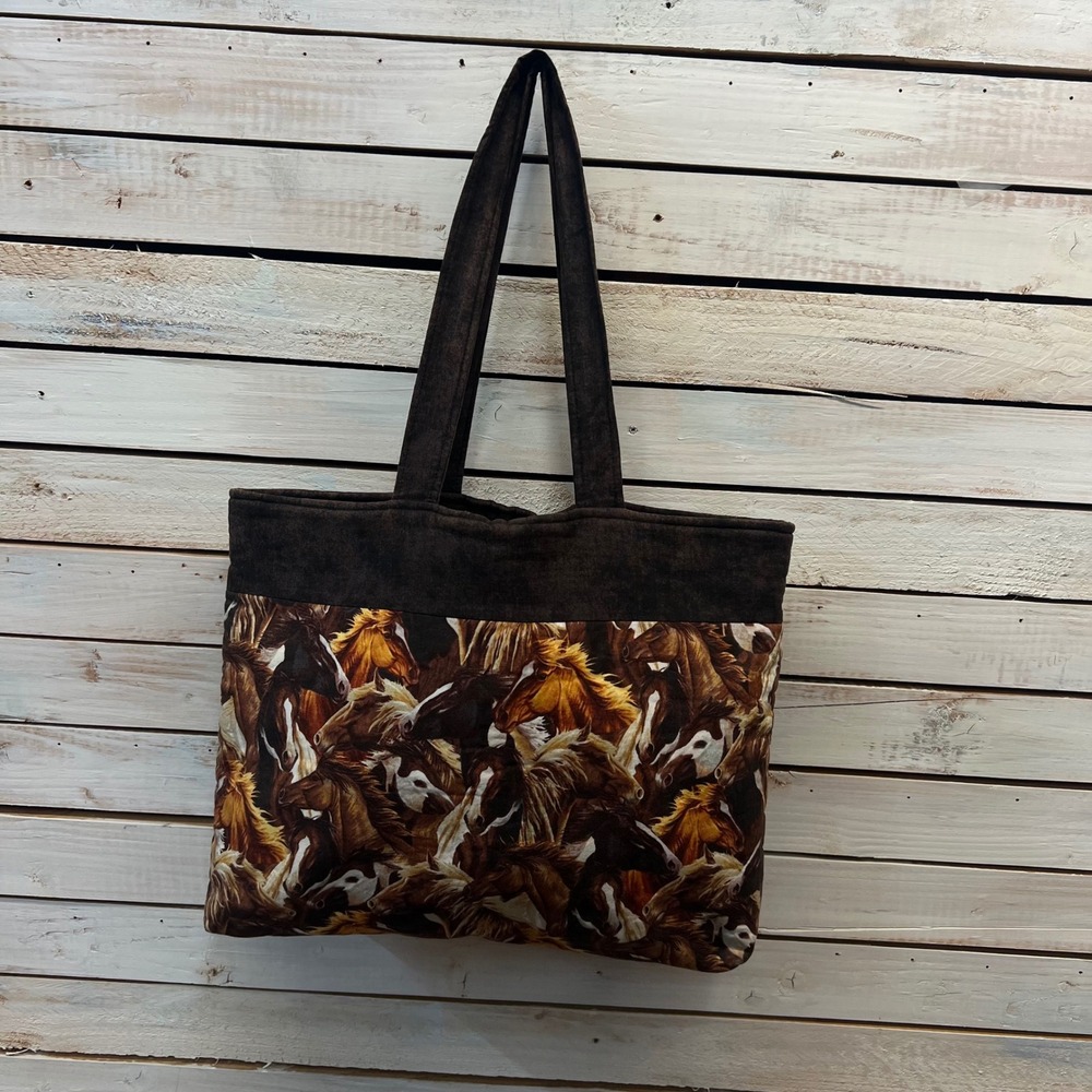 Handmade Brown Cotton Horse Print Quilted Tote Bag Equestrian Western